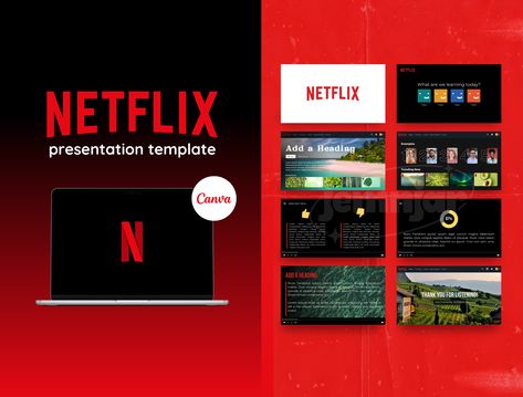 Netflix Canva template, presentation template, slide deck, creative presentation, background for ppt, templates, school Canva template, laptop showing Canva presentation Power Point Presentation Tips, Powerpoint Presentation Ideas, Netflix Aesthetic, Canva Presentation, Best Powerpoint Presentations, Creative Powerpoint Presentations, Yearbook Layouts, Business Plan Presentation, Powerpoint Tutorial