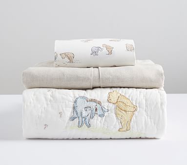 Disney Winnie The Pooh Organic Muslin Swaddle Set | Pottery Barn Kids Winnie Nursery, Festive Bedding, Organic Crib Sheets, Pooh Nursery, Crib Fitted Sheet, Baby Bedding Set, Winnie The Pooh Nursery, Nursery Quilt, Bear Nursery