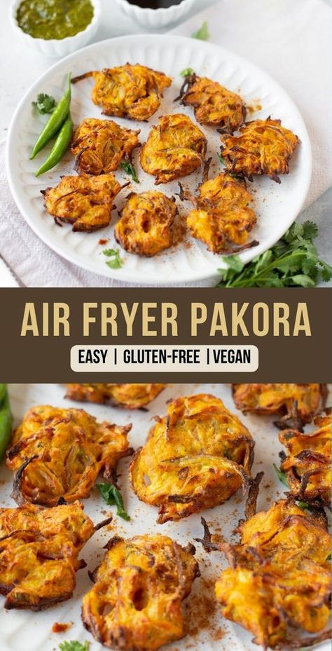 The crispy and golden Air Fryer Pakoras are cooked to perfection! These Air fried onion bhaji are made with sliced onions, gram flour (besan), and spices. These crunchy, flavorful fritters are a perfect snack with a cup of masala chai! | easy indian food recipes | pakora recipe indian | https://pipingpotcurry.com/air-fryer-pakora/ Onion Pakora Recipe, Air Fryer Recipes Indian, Onion Pakora, Vegetable Pakora, Onion Bhaji, Dips Recipes, Pakora Recipe, Pakora Recipes, Easy Indian Recipes