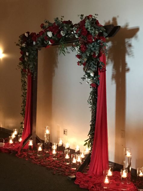 Red Riding Hood Quinceanera Theme, Red And Black Backdrop Ideas, Black And Red Wedding Theme Wedding Ceremony Decor, Red Party Decorations Elegant, Vampire Theme Quinceanera, Red Backdrop Ideas, Ruby Red Wedding Theme, Dark Red Birthday Decorations, Red Quince Decor