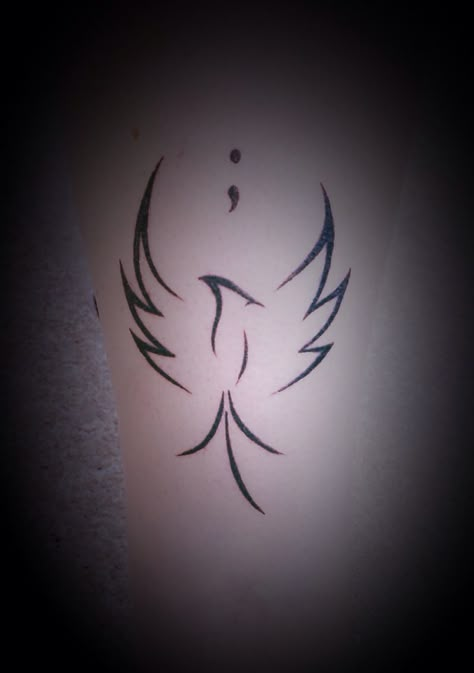 My new tattoo. #projectsemicolon #mentalhealthawareness & a Phoenix representing rebirth, growth & life White Phoenix Tattoo, Phoenix Rising Tattoo For Women, Phenix Birds Tattoo For Women, Phoenix Tattoo Still I Rise, Phoenix Minimalist Tattoo, Phonex Tattoo, Phoenix Tattoo Minimalist, Rebirth Tattoo Symbols, Semicolon Phoenix Tattoo