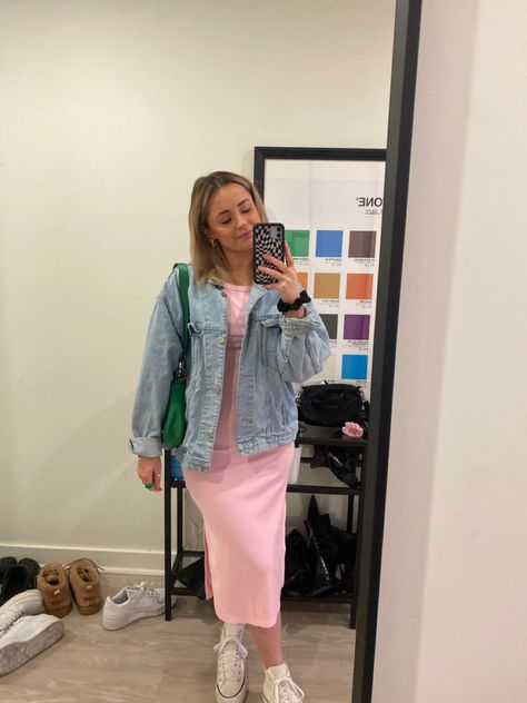 Long Bodycon Dress With Jacket, Barbie Denim Jacket Outfit, Pink Dress Denim Jacket Outfit, Jean Jacket Outfits Dress, Jean Jacket Over Dress, Jean Jacket Dress Outfit, Dresses With Jean Jackets, Pink Jean Jacket Outfit, Dress And Jean Jacket Outfit