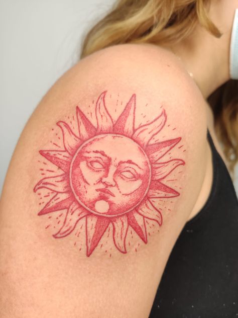 Red ink tattoo Sicilian Sun Tattoo, Sun Dragon Tattoo, Red Ink Sun Tattoo, Mexican Sun Tattoo, Red Sun Tattoo, Traditional Sun Tattoo, Stippling Tattoo, Sun Tattoo Designs, Moon Tattoos