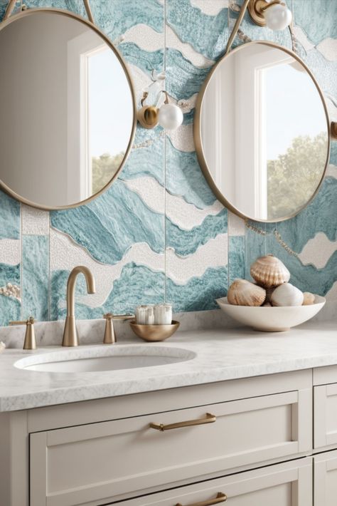 Capture seaside sophistication in your compact bathroom with shell-inspired tiles and lustrous pearl finishes. Beach house elegance meets practical design. #CoastalStyle #SmallBathroom #PearlFinishes Mermaid Inspired Bathroom, Small Elegant Bathroom, Elegant Bathrooms, Compact Bathroom, Mermaid Inspired, Elegant Bathroom, Kids Bathroom, Kids' Bathroom, Practical Design