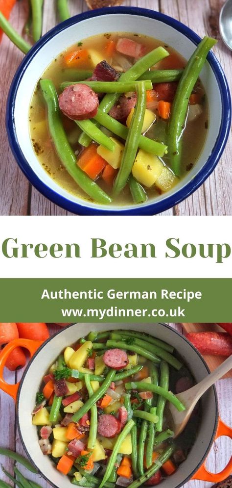 Bowl and saucepan of green bean soup Soups With Green Beans, Green Bean Soup Mennonite, Green Bean Soup German, Green Bean Stew Recipes, German Green Bean Soup, Potato Green Bean Soup, Green Bean Soup Recipes, Soup Green Beans, Pressure Canning Green Beans