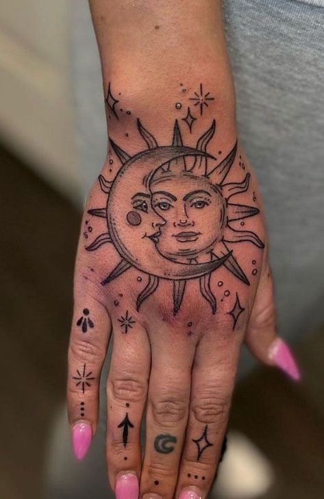 Hand Spiritual Tattoo, Hand Tattoos With Butterflies, Spiritual Tattoos Hand, Top Of Hand Tattoos For Women Unique, Arm And Hand Tattoos For Women, Women Hand Tattoo Ideas Unique, Cover Up Tattoos Hand, Moon Hand Tattoos For Women, Let Them Tattoo Ideas On Hand