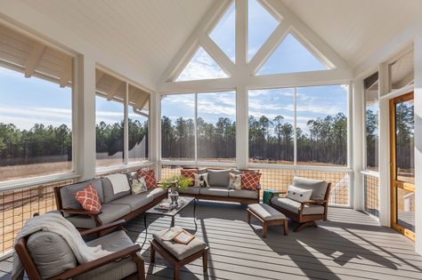 Vaulted ceiling screened porch is created with custom touches and easy to maintain materials. The beams and columns are all PVC material. Vaulted Screen Porch, Screened In Porch Vaulted Ceiling, Vaulted Patio Ceiling, Vaulted Screened In Porch, Vaulted Ceiling Porch, Vaulted Porch Ceiling, Screened In Porch Cost, Vaulted Back Porch, Vaulted Porch