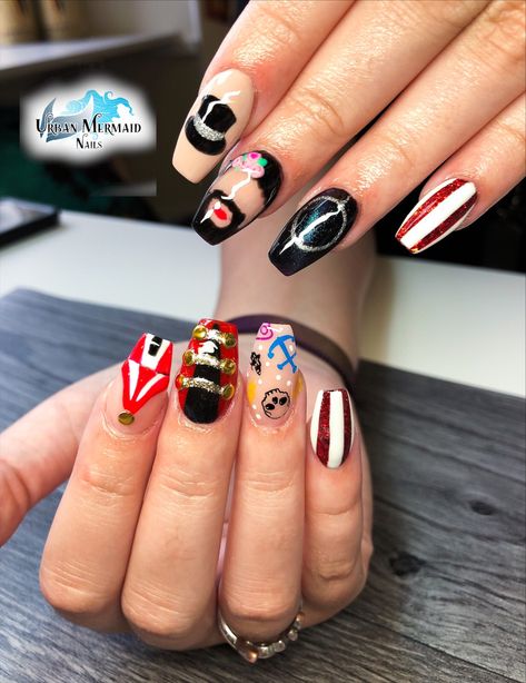 The Greatest Showman acrylic nails.   Using @cjpnailsystems and @thegelbottleinc  products. Greatest Showman Makeup Ideas, Circus Ringmaster Nails, Circus Themed Nails, This Is Me Tattoo Greatest Showman, Circus Theme Nails, Circus Nails Designs, Carnival Nails Designs, Circus Ring, Circus Nails