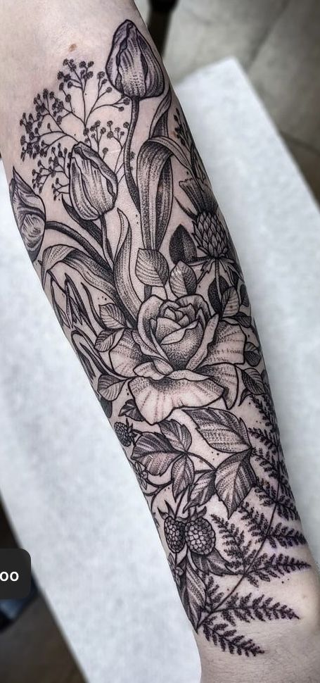 Nature Inspired Half Sleeve Tattoo, Garden Flower Tattoo Sleeve, Plant Tattoos Black And White, Foliage Tattoo Sleeve, Floral Tattoo Sleeve Black And White, Floral Sleeve Black And White, Black And Grey Flower Tattoo, Black And Grey Plant Tattoo, Botanical Sleeve Tattoo Black And White