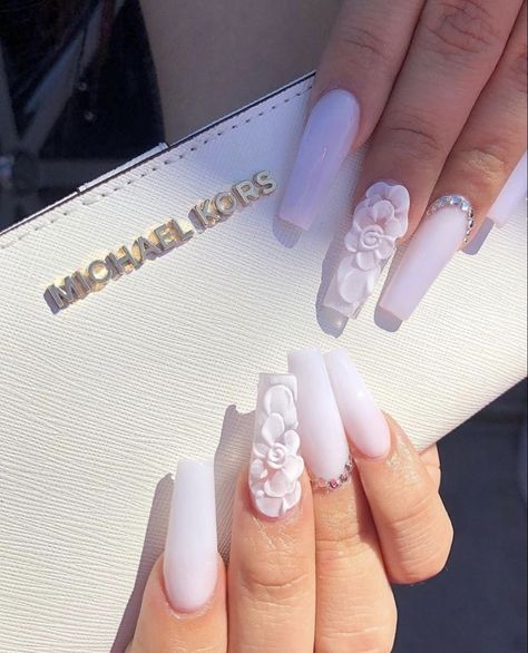 White Nail Ideas, 3d Acrylic Nails, Nails Beautiful, White Fits, White Acrylic Nails, Flower Nail Designs, Rose Gold Nails, Fall Acrylic Nails, Long Acrylic Nails Coffin