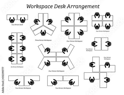 Stock Image: Workspace desk arrangement in office and company. Pictogram icons depict the top view of table arrangement and seatings for office employees, staffs, and workers. Workplace Design Office, Desk Arrangement, Office Layout Plan, Cubicle Design, Coworking Space Design, Desk Arrangements, Workstations Design, Office Floor Plan, Office Design Inspiration