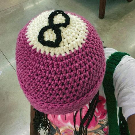 Crocheted, handmade 8 ball beanie One size Message... - Depop 8 Ball Crochet Hat, 8 Ball Crochet Beanie, Crochet Beanie With Design, 8 Ball Beanie, Crochet 8 Ball Beanie, Crochet Disco Ball, Crochet Hats Aesthetic, Crochet Beanie Designs, Crazy Crochet Ideas