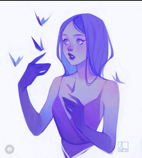 Light Study Illustration, Flying Hair Reference, Purple Hair Character Art, Strong Woman Character Design, Purple Hair Character Design, Purple Character Design, Purple Hair Drawing, Lineless Art Style, Character Portrait Art