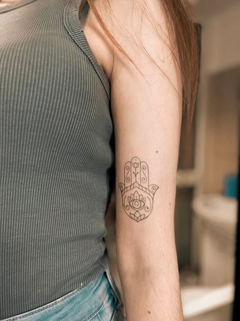 Fine Line Hamsa Tattoo, Middle Eastern Tattoo, Fine Line Sternum Tattoo, Hamsa Tattoo Meaning, Hand Of Fatima Tattoo, Ahimsa Tattoo, Small Hamsa Tattoo, Namaste Tattoo, Fatima Hand Tattoo