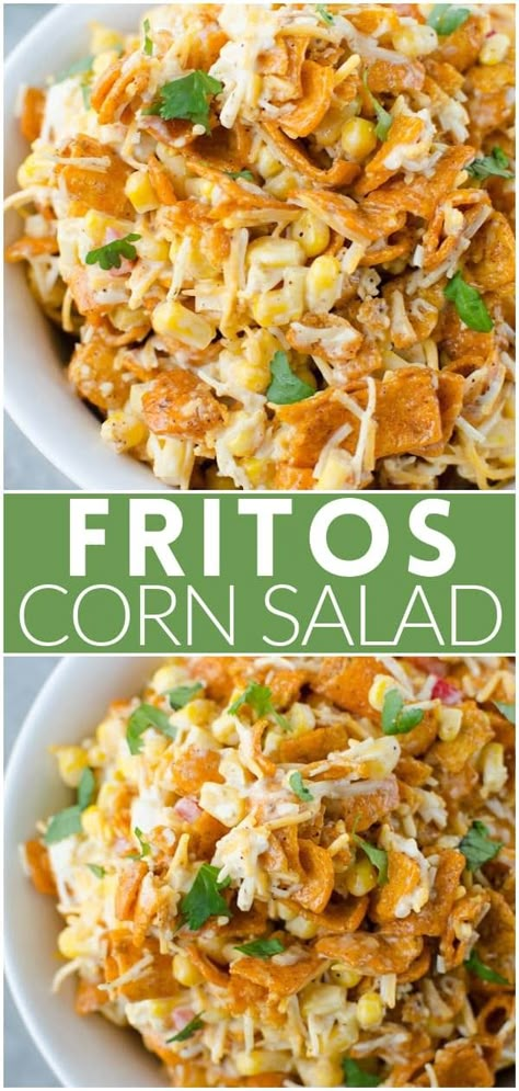 Fritos Corn Salad - crisp corn, bell pepper, cheese, and Chili Cheese Fritos in a creamy dressing. The perfect no cook, super easy summer side dish for all your barbecues! Fritos Corn Salad, Fritos Salad, Corn Salad Recipe Easy, Frito Corn Salad, Chili Cheese Fritos, Corn Recipes Side Dishes, Cold Side Dishes, Corn Salad Recipe, Barbecue Side Dishes