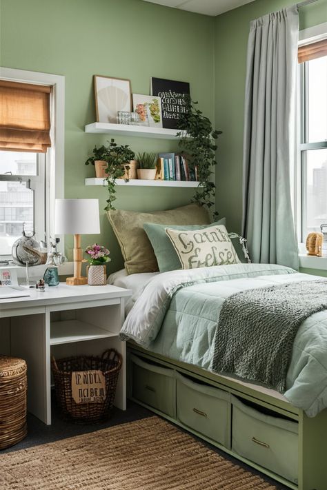 Discover how sage green dorm room ideas can elevate your college living experience. Explore calming color palettes, functional layouts, and decor tips to make your space both cozy and organized. #SageGreenDecor #DormRoomIdeas #CozyDormRoom #StudentLiving #DormInspiration Sage Green Decor Ideas, Sage Green Dorm Room Ideas, Green College Dorm, Sage Green Dorm Room, Green Dorm Room Ideas, Green Dorm Room, Light Green Rooms, Sage Green Decor, Room Decor For Men