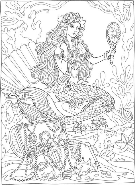 Mermaids with treasure chest  from  creative haven magnificent mermaids coloring book / dover publications Colouring Pictures For Adults, Mermaid Colouring In Pages, Mermaid Colouring Pages, Mermaid Colouring, Mermaid Colors, Realistic Mermaid, Mermaid Coloring Book, Marjorie Sarnat, Mermaid Drawings