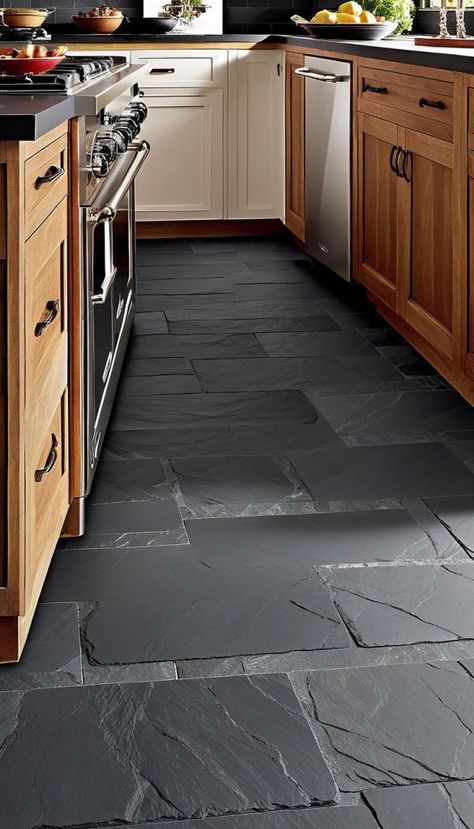 Dark Living Room Decor, Wood Pallet Flooring, Dark Tile Floors, Slate Floor Kitchen, Dark Kitchen Floors, Kitchen Flooring Trends, Kitchen Flooring Ideas, Slate Kitchen, Kitchen Flooring Options