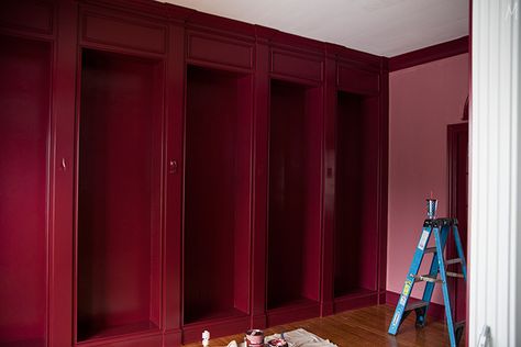 The Front Room: Moody Bookshelves and Pretty Lighting - The Makerista Moody Bookshelves, Red Bookshelf, Picture Frame Moulding, Entry Room, White Bookshelves, Mill House, Paint Prep, Christmas Is Over, Picture Frame Molding