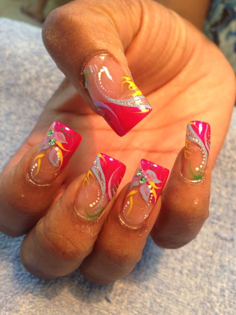 2000 Nail Inspiration, 90s Nail Art Short, Nail Art Designs 90s, Neon Nail Designs 2023, Hot Pink 90s Nails, Early 2000 Nail Art, 90s Nail Designs Short Nails, 2000s Nails Trends, Early 2000s Nail Designs