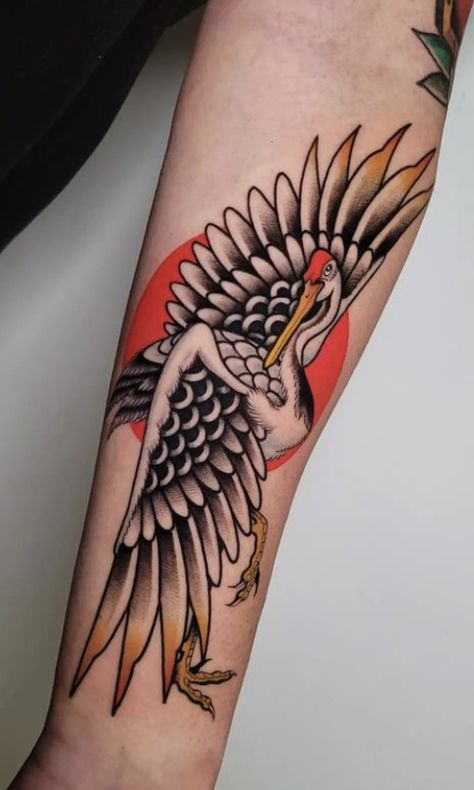 Japanese Style Bird Tattoo, Japanese Cranes Tattoo, Traditional Sandhill Crane Tattoo, American Traditional Heron Tattoo, Heron Back Tattoo, Crane Tattoo Shoulder, Crane Tattoo Japanese, Japanese Traditional Tattoo Sleeve, Heron Tattoo Traditional