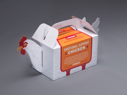 A common topic of discussion in the news lately has surrounded the idea of allowing animals on airplanes to provide emotional support for travelers during the holiday season, as well as the restrictions for the types of animals that should be allowed. When GSD&M, Austin, TX had a buzz-worthy idea and design for a campaign for their client, Popeyes, to get holiday travelers talking (or should we say “sq … Chicken Brands, Chicken Boxes, Takeaway Packaging, Chicken Logo, Egg Packaging, Food Box Packaging, Chicken Shop, Packaging Template Design, Ayam Bakar