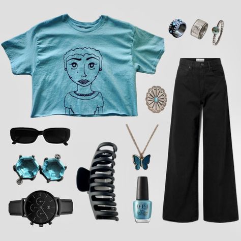 Cyan Outfit, Turquoise Outfit Aesthetic, Turquoise Shirt Outfit, Turquoise Shirt, Turquoise Clothes, Tshirt Outfits, Outfits Aesthetic, Black Outfit, Color Theory