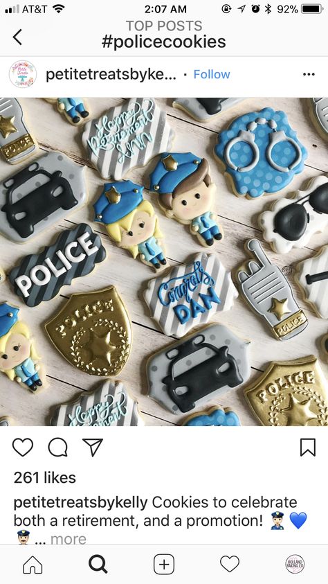 Cop Cookies, Police Academy Cookies Decorated, Police Themed Cookies, Police Car Cookies, Police Cookies Decorated, Police Retirement Cookies Decorated, Police Officer Birthday, Police Retirement, Police Party