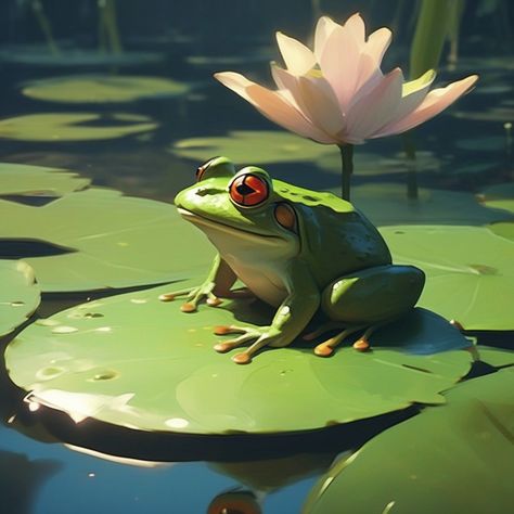 there is a painting of a frog sitting on a lily pad , concept art, sergey kolesov, animated film, concept art for movie, in style of atey ghailan, pixar concept art, by Goro Fujita, atey ghailan 8 k, animated film still, animated movie still, inspired by Atey Ghailan Frog Art Illustration, Frog On Lily Pad Painting, Frog Concept Art, Frog Reference, Frog Animation, Frog In A Pond, Frog Animated, Cute Frog Art, Lily Pad Drawing