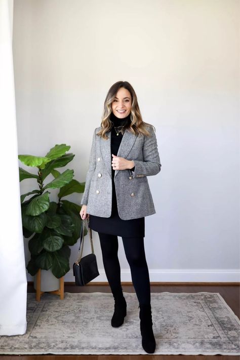 Blazer Outfits Petite, Grey Suit Jacket Women, Grey Blazer Winter Outfit, Dress With Blazer Outfit Work Attire, Blazer Outfits Dress, Herringbone Blazer Outfit Women, Dress And Blazer Outfit Work, Black Blazer Outfits For Women Work, Grey Blazer Women Outfit