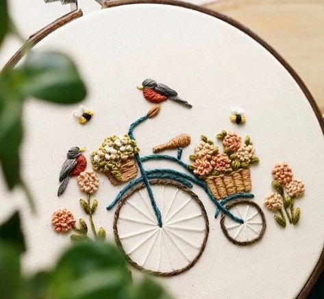 Bicycle With Flowers, Garden Embroidery, Learning To Embroider, Bee Embroidery, Chickadees, Hand Embroidery Projects, Embroidery Gifts, Bird Embroidery, Learn Embroidery