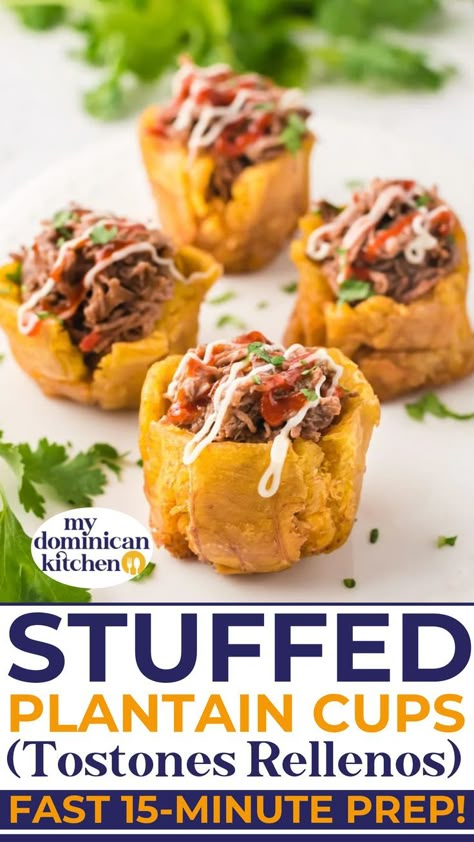 Cute little cups of scrumptiousness, filled with shredded beef and topped with mayo and ketchup. Stuffed Plantain Cups, also known as Tostones Rellenos are cute little cups of scrumptiousness, filled with shredded beef and topped with mayo and ketchup. Easy to prep, they are such a fun and delicious appetizer to serve to friends and family. | @mydominicankitchen Stuffed Plantains Puerto Rico, Mini Mofongo Cups, Plantain Appetizer Recipes, Meals With Plantains, Tostones Appetizer, Plantain Cups Recipes, Caribbean Appetizers For Party, Dominican Appetizers, Soul Food Appetizers