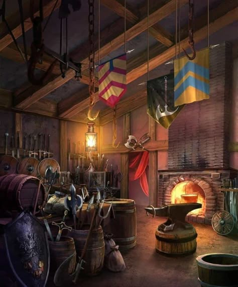 Blacksmith Shop Fantasy Art, Fantasy Blacksmith Shop Concept Art, Dnd Store Art, Blacksmith Shop Concept Art, Medieval Blacksmith Shop, Fantasy Shop Keeper, Blacksmith Workshop Concept Art, Blacksmith Forge Fantasy Art, Acnh Blacksmith