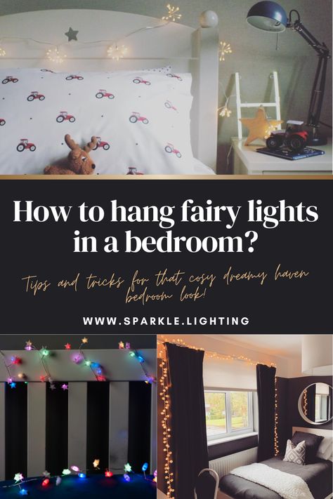 Bring out the magic of the bedroom and add that extra sparkle with fairy lights! 🌜💫 We're here to guide you step-by-step on how to hang fairy lights in a bedroom. From the perfect placement to the right lights, we've got you covered. Transform your bedroom from ordinary to extraordinary in minutes! ✨ Explore Sparkle Lighting's full collection of bedroom fairy lights to find the perfect match for your dream bedroom. #fairylight #bedroomideas #diy #interiordesign #fairylghtideas Ceiling Fairy Lights Bedroom, Teen Bedroom Lights, Fairy Light Bedroom, Teenage Bedroom Decorations, Childrens Bedroom Lighting, Bedroom Fairy Lights, Fairy Lights Photos, Girls Bedroom Lighting, Kids Bedroom Accessories