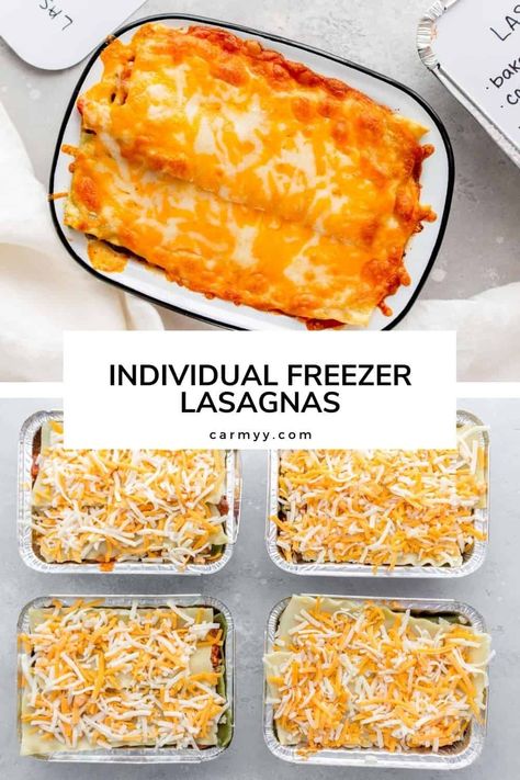 This classic lasagna filled with a meaty sauce and all the cheese is the perfect freezer friendly meal. This recipe makes for 6 Individual Freezer Lasagnas. | Lasagna for One | Mini Lasagnas | How To Make Freezer Lasagna Recipe Mini Freezer Lasagna, Easy Individual Freezer Meals Make Ahead, Freeze Lasagna How To, Individual Lasagna Recipes, Meal Prep Lasagna, Freezer Lasagna Recipe, Lasagna Pockets, Hatch Recipes, Lasagna For One