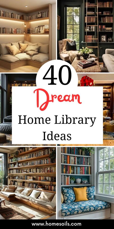 Create the perfect reading nook with 40 dream home library ideas that blend style and comfort. Discover these inspiring designs on our website. Nook Library Ideas, Design Library Home, Loft Spaces Ideas Cozy Nook, Bookshelves Around Couch, Library Nook Home, Library Small Room Ideas, Home Office And Library Combo, Shed Library Ideas, Bedroom Into Library