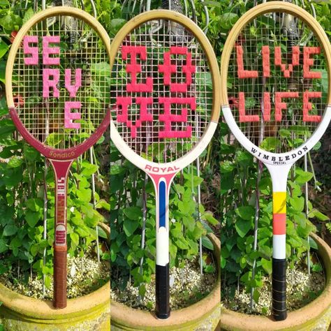 Hand sewn vintage tennis rackets. DM me if you would like to buy. #vintagetennisracket #tennisracket #vintagestyle #vintagehomedecor #vintagehomedecorideas Tennis Racket Decor, Tennis Rackets, Vintage Tennis, Dream Studio, July 11, Tennis Racket, Sports Equipment, Vintage Home Decor, Dm Me