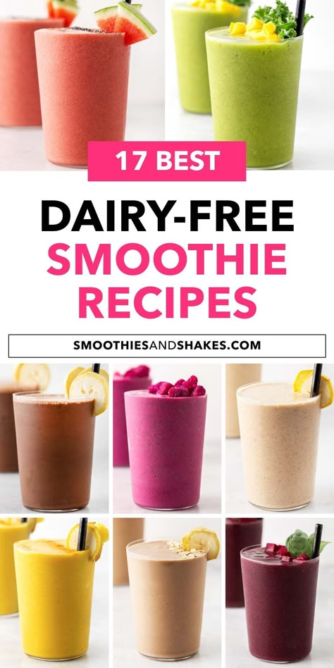 If you’re sensitive or allergic to dairy, try making these creamy dairy-free smoothies. Each 5-minute recipe is easy, quick, and delicious. #dairyfree #dairyfreesmoothies #smoothierecipes Gluten Dairy Free Smoothies, Popbabies Smoothie Recipes, Dairy Free Fruit Smoothie Recipes, Dairy Free Protein Shake Recipes, Non Milk Smoothies, Super Food Smoothie Recipes, Fruit Smoothie Recipes Non Dairy, Non Dairy Smoothie Recipes Healthy, Dairy Free Fruit Smoothies