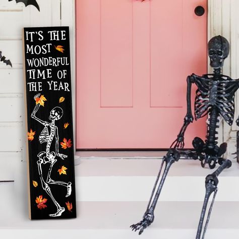 PRICES MAY VARY. UNIQUE DESIGN - Our halloween porch sign design is unique and beautiful. The Scary skull, Maple leaf pattern and "IT'S THE MOST WONDERFUL TIME OF THE YEAR" text printed on board, which is suitable for Halloween, fall, autumn. This porch sign is a hauntingly delightful addition to your decor. FULL OF ELABORATE DETAIL - This Halloween welcome porch sign made of wooden materials ,reliable and wear resistant, fine workmanship, smooth and textured, . It's designed to resist breakage Fall Signs Outdoor, Fall Wood Door Signs, Wooden Yard Decorations, Wooden Halloween Signs, Halloween Welcome Sign, Home Front Door, Halloween Yard Art, Halloween Porch Sign, Scary Skull