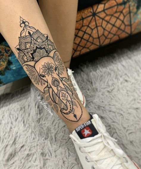 Lion And Elephant Tattoo For Women On Leg, Elephant Leg Tattoo For Women, Mandala Animal Tattoo, Feminine Thigh Tattoos Elephant, Elephant Arm Tattoos For Women, Mandala Elephant Tattoo Forearm, Henna Tattoo Sleeve, Mandala Tattoo Sleeve Women, Geometric Elephant Tattoo