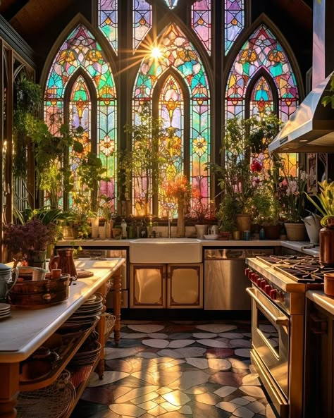 A Tour Through A Stained Glass Mansion by @benmyhre [IG] 🏠🪟☀️ | Instagram Stained Glass Building, Kitchen With Glass Ceiling, Stained Glass In Home, Cozy Mansion Interior, Minecraft Stained Glass Window, Cottagecore Mansion, Whimsy Kitchen, Glass Art Aesthetic, Book Bakery