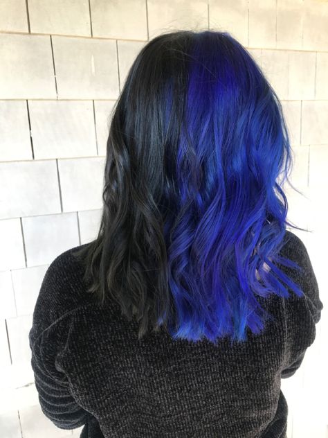 Split Dye Blue And Black, Blue Split Dye Hair, Split Dye, Split Dyed Hair, Split Hair, Hair Dye, Blue And Black, Dyed Hair, Blue Black