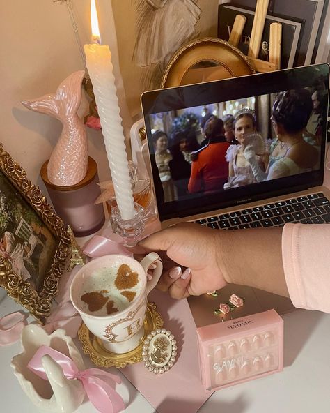 #gifted Surrounded by the classics 💅⚜️🩰 A lovely evening of pampering and watching Bridgerton and Pride and Prejudice. With the ease of @glamnetic ‘s lovely press ons <3. Use my code: “RuthVilla15” for 15% off lovelies 🤭 #nails #nailinspo #nailinspiration #coquette #bridgerton #princesscore #aesthetic #royalcore #tea #bows #ribbon #rococco #glamnetic #pfg #pressons #pressonnails #spring #victorian #feminine #fluentinpink #gettingsomewhere #pinterest #pinterestinspired #pink #frenchnails #r... Watching Bridgerton Aesthetic, Aesthetic Royalcore, Watching Bridgerton, Princesscore Aesthetic, Bridgerton Aesthetic, Bows Ribbon, National Coffee Day, Princess Core, Press Ons