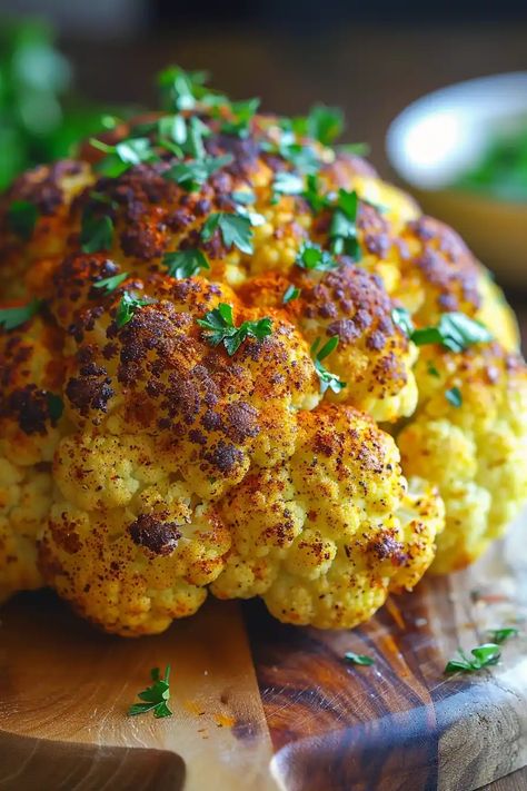 Explore our Golden Whole Roasted Cauliflower to create a perfect blend of turmeric and smoked paprika. Perfect for your next dinner! Keto Whole Cauliflower Recipes, Baked Cauliflower Head, Healthy Holiday Snacks, Healthy Holiday Baking, Roasted Cauliflower Head, Baked Cauliflower Recipe, Roasted Cauliflower Recipe, Bobby Approved, Cauliflower Mashed