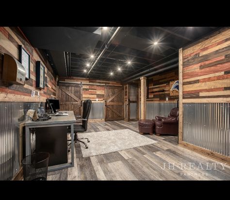 ❣️Chad built 2022 Shop Loft Ideas, Farmhouse Game Room, Rustic Lounge, Garage Redo, Rustic Garage, Shop Apartment, Cave Design, Metal Garage Buildings, Rustic Man Cave