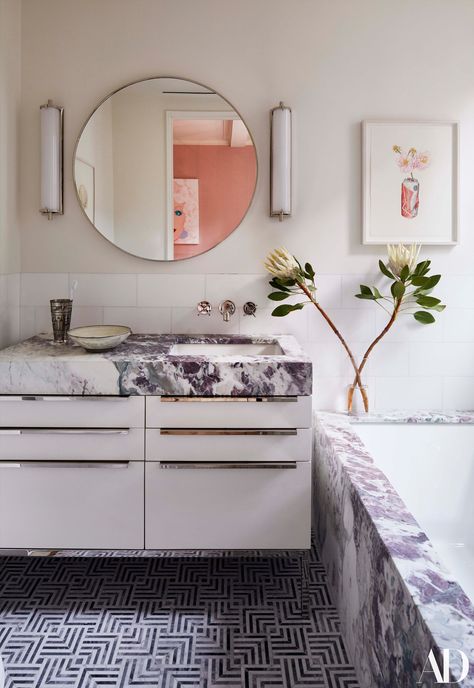 Bathroom With Marble, Upper East Side Apartment, Ann Sacks Tiles, Ann Sacks, Sunken Living Room, Manhattan Apartment, Nate Berkus, White Carpet, Purple Marble