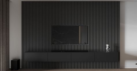 Black Wood Tv Wall, Through Lounge Ideas, Cinema Wall, Apartment Behance, Modern Tv Wall Units, Small Living Room Layout, Grey Interior Design, Diy Home Bar, Tv Wand