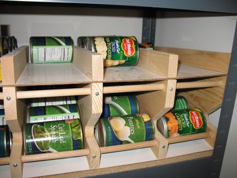 Can Rotation System, Canned Good Storage, Shoe Organization Diy, Food Storage Shelves, No Pantry Solutions, Dispenser Diy, Diy Pantry Organization, Canned Food Storage, Diy Pantry