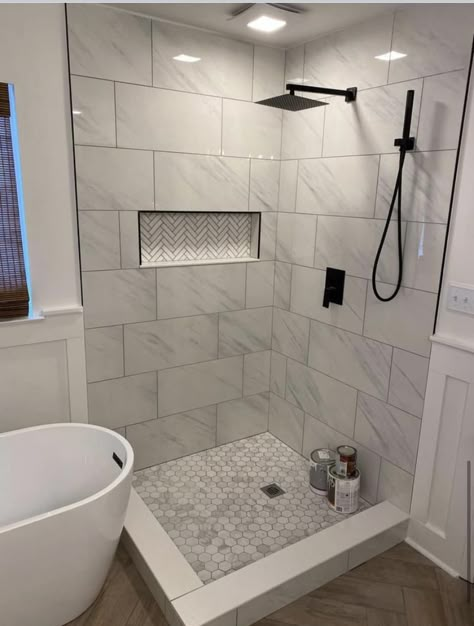 Large Shower Tile Ideas Small Bathrooms, Grey Bathroom Design Ideas, Honeycomb Shower Floor, Grey And White Shower Tile Ideas, Modern Restroom Ideas, Small Bathroom Diy Makeover, Bathroom Diy Makeover, Small Bathroom Makeover Ideas, Walk In Shower Remodel