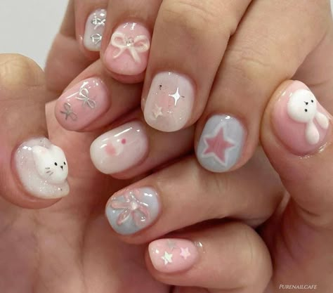 Jelly Nails Short Almond, Cute Nails Acrylic Kawaii, Painted Nail Designs Short, Cute Manicures For Short Nails, Short Nail Korean Style, Igari Nail, Cute Nails Kawaii, Korean Nail Art Aesthetic Summer, Gel Nails On Natural Nails Short